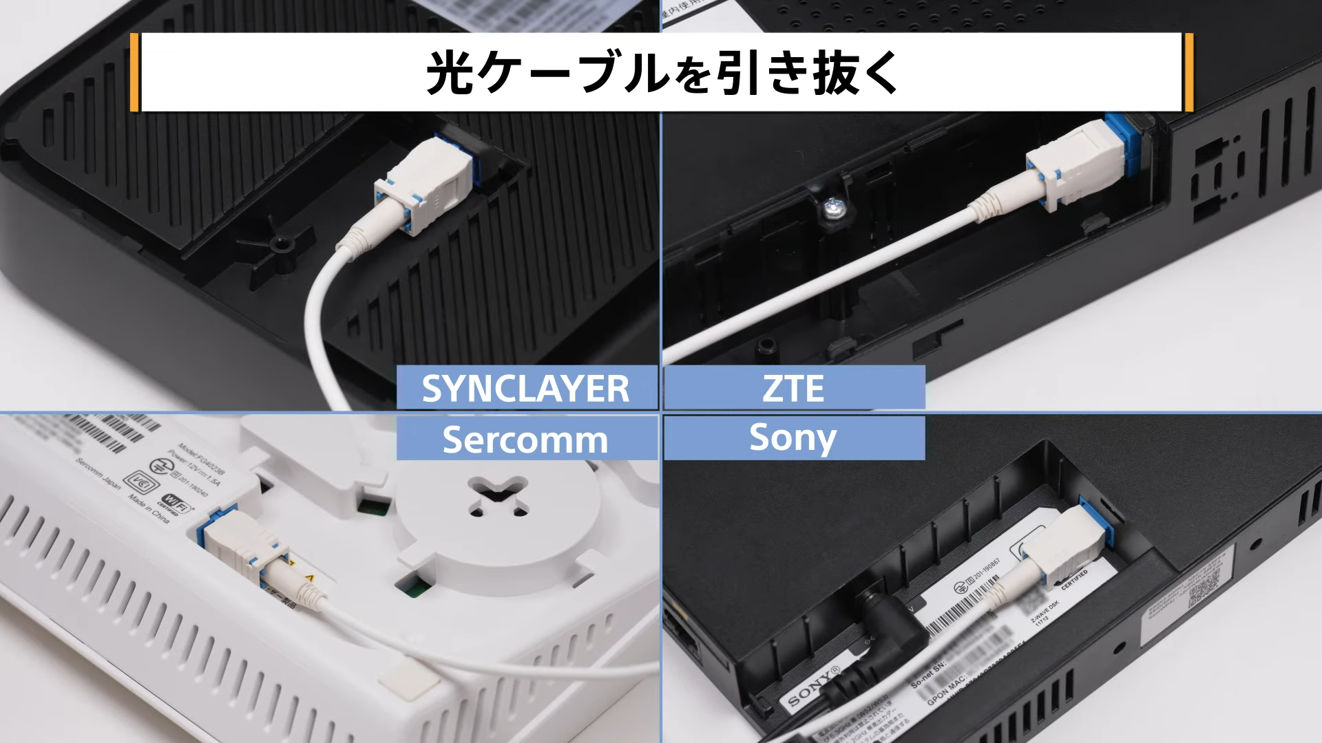 ONUのカバーを外して光ケーブルを抜いている画像